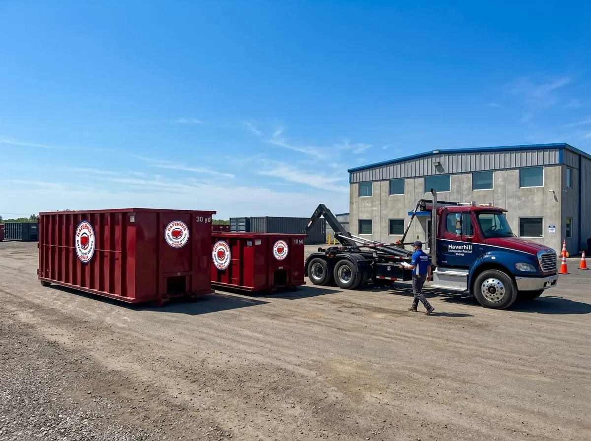 Worker beside a commercial roll-off dumpster from Haverhill Dumpster Rental Group in Haverhill, MA