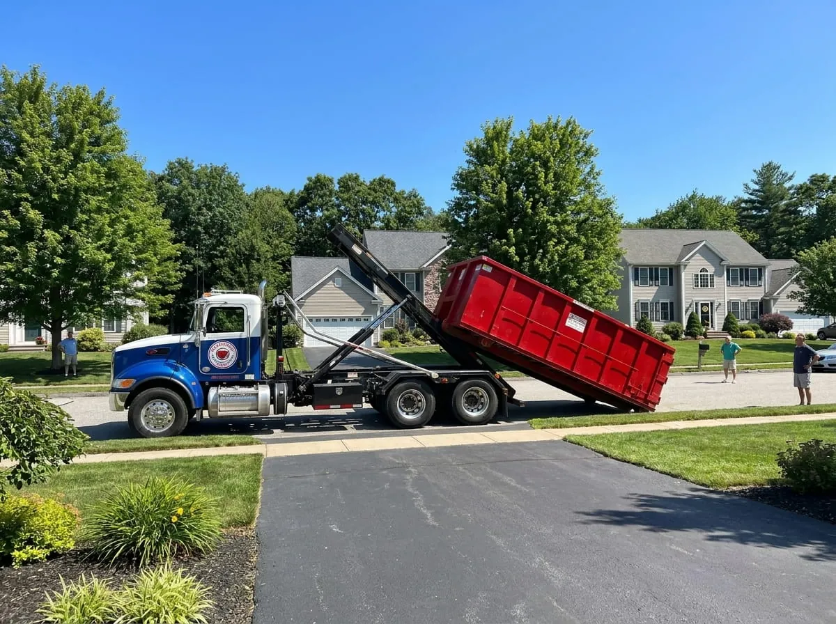 Haverhill Dumpster Rental Group truck delivering a roll-off dumpster to a Haverhill MA driveway