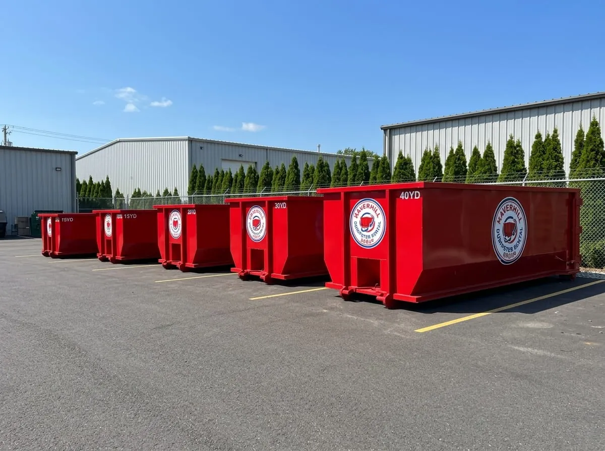 Haverhill Dumpster Rental Group fleet of roll-off dumpsters and trucks in Haverhill, MA