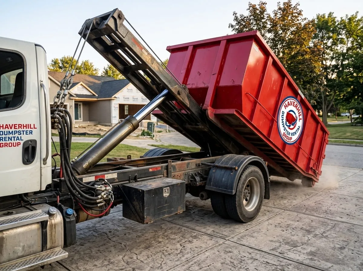 Roll-off construction dumpster being loaded onto a Haverhill Dumpster Rental Group truck